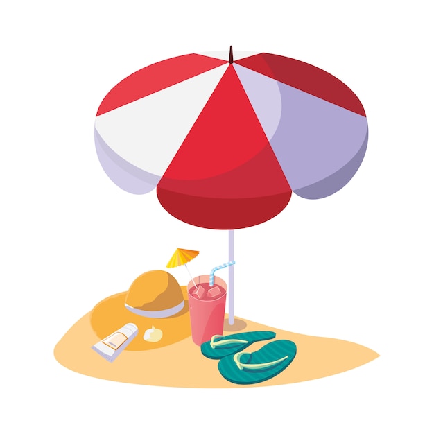 plage de sable en été avec parasol et tongs