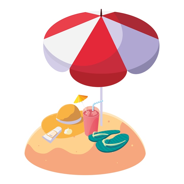 Plage De Sable En été Avec Parasol Et Tongs