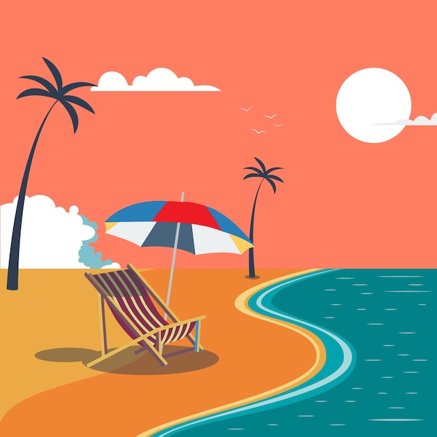 Plage tropicale d'été avec palmiers et parasol
