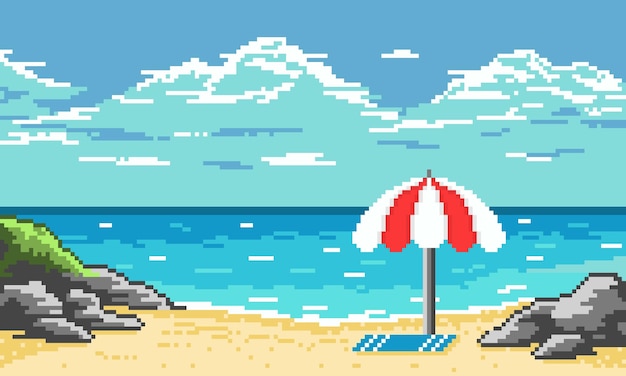 Plage tropicale pixel avec fond parapluie rayé