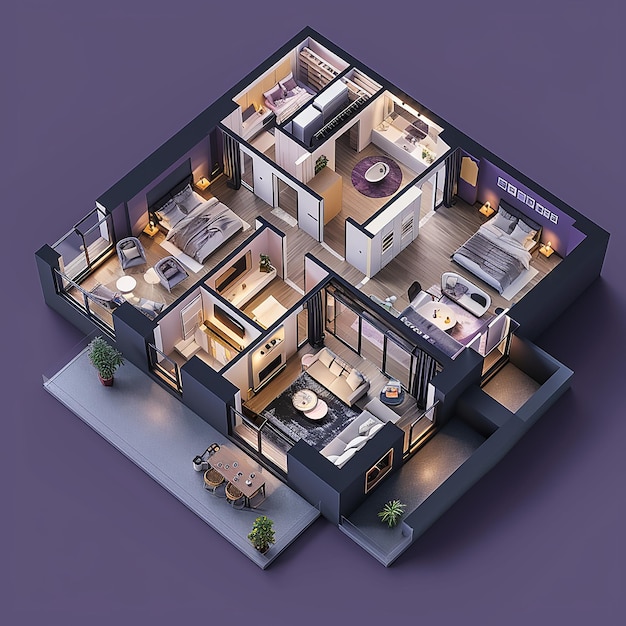 Vecteur plan 3d de la maison sur le fond violet foncé