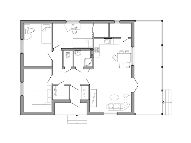 Vecteur plan architectural noir et blanc d'une maison aménagement des appartements avec le mobilier villa
