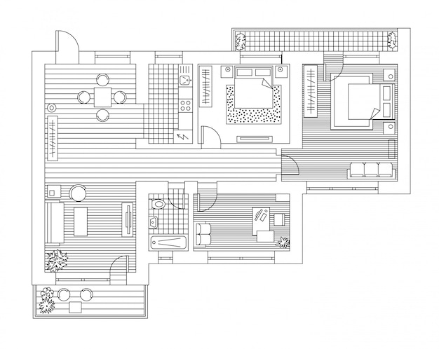 Plan D'architecture Avec Des Meubles En Vue De Dessus. Livre De Coloriage.