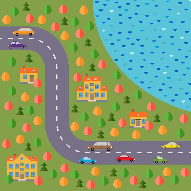 Plan du village. Paysage avec la route, la forêt, le lac, les voitures et les maisons. Illustration vectorielle