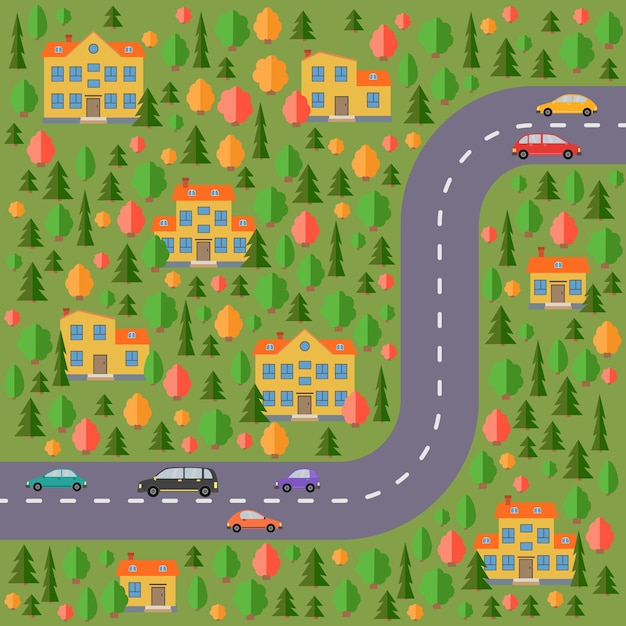 Plan Du Village. Paysage Avec La Route, La Forêt, Les Voitures Et Les Maisons Jaunes. Illustration Vectorielle