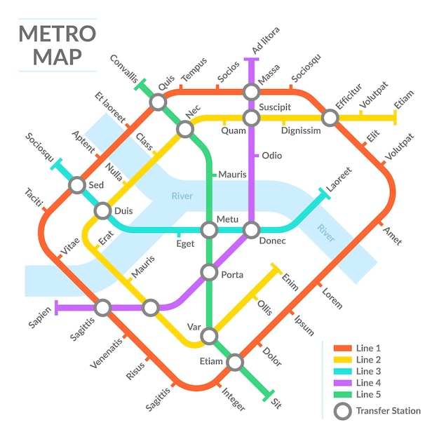 Plan des stations de métro, schéma de transport public souterrain, réseau de métro. Illustration vectorielle de carte de métro de la ville urbaine souterraine. Plan de transport en commun du métro