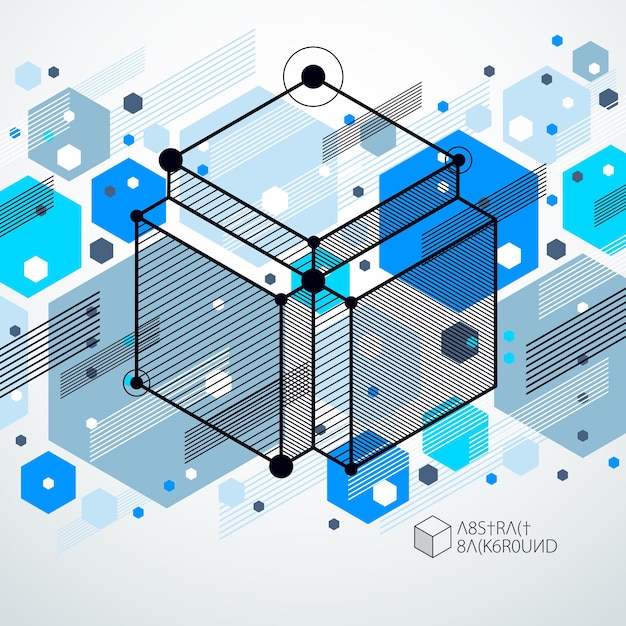 Plan Technique, Arrière-plan Numérique Bleu Vectoriel Avec éléments De Conception Géométrique, Cubes. Papier Peint Technologique D'ingénierie Fait Avec Des Nids D'abeilles.