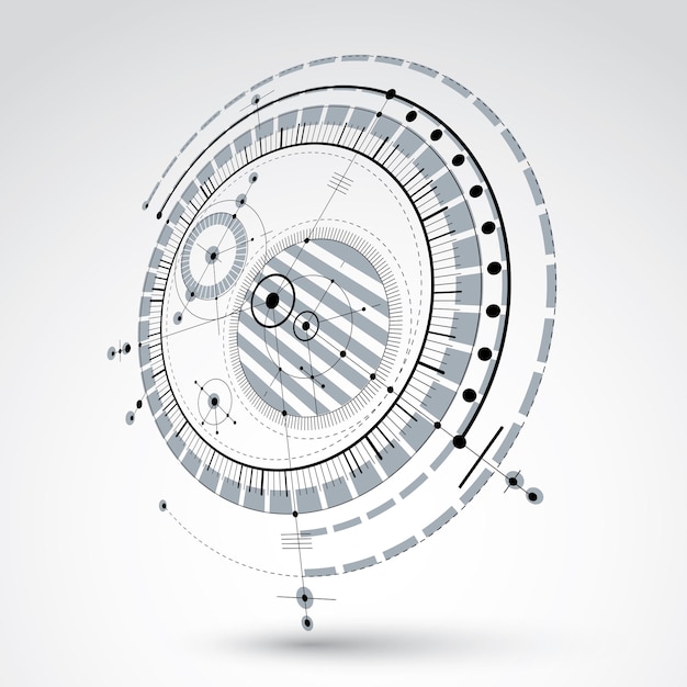 Plan Technique, Arrière-plan Numérique Vectoriel Noir Et Blanc Avec éléments De Conception Géométrique, Cercles. Illustration 3d Du Système D'ingénierie, Arrière-plan Technologique Abstrait En Perspective.