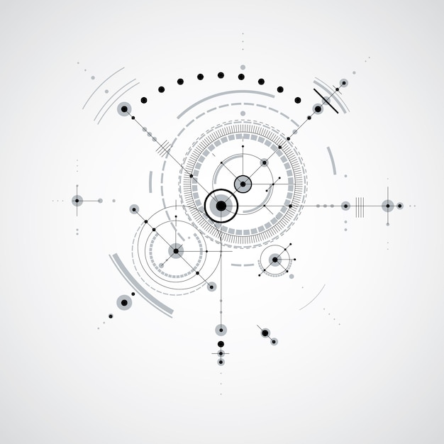 Plan technique, arrière-plan numérique vectoriel noir et blanc avec éléments de conception géométrique, cercles. Illustration du système d'ingénierie, arrière-plan technologique abstrait.