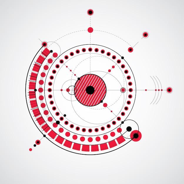 Plan technique, projet d'ingénierie abstrait rouge à utiliser dans la conception graphique et web. Dessin vectoriel du système industriel créé avec des pièces mécaniques et des cercles.