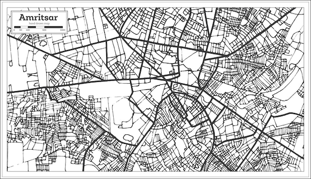 Plan De La Ville D'amritsar En Inde Dans Un Style Rétro. Carte Muette. Illustration Vectorielle.