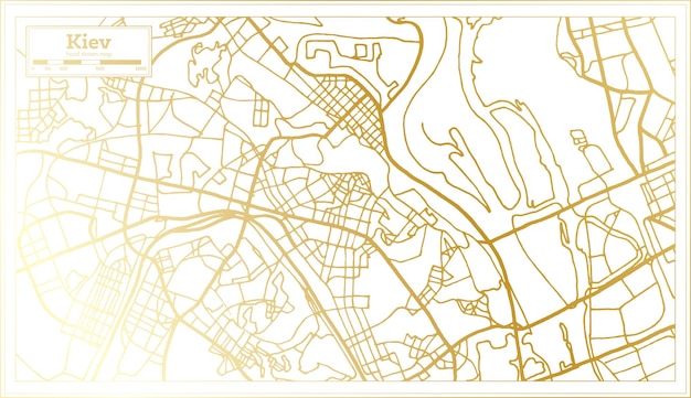 Plan de la ville de Kiev en Ukraine dans un style rétro en carte muette de couleur dorée