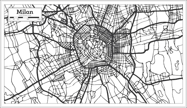 Plan De La Ville De Milan Italie Dans Un Style Rétro En Couleur Noir Et Blanc. Carte Muette. Illustration Vectorielle.