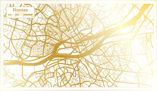 Vecteur plan de la ville de nantes france dans un style rétro en carte muette de couleur dorée