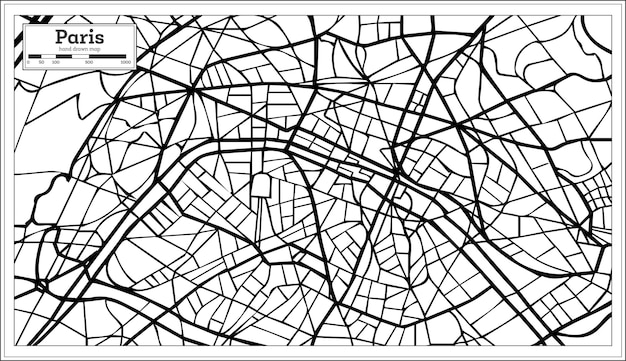 Plan de la ville de Paris France en couleur noir et blanc. Dessiné à la main. Illustration vectorielle.