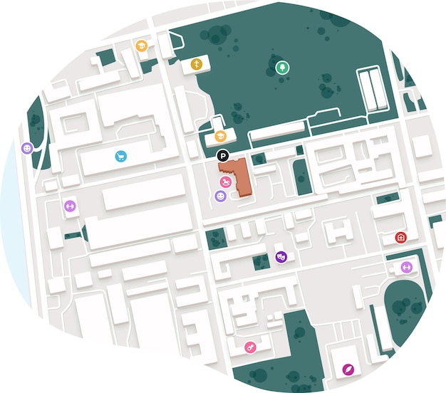 Plan de ville d'un secteur sous forme de bulle avec la désignation des parcs, des rues, des maisons, social