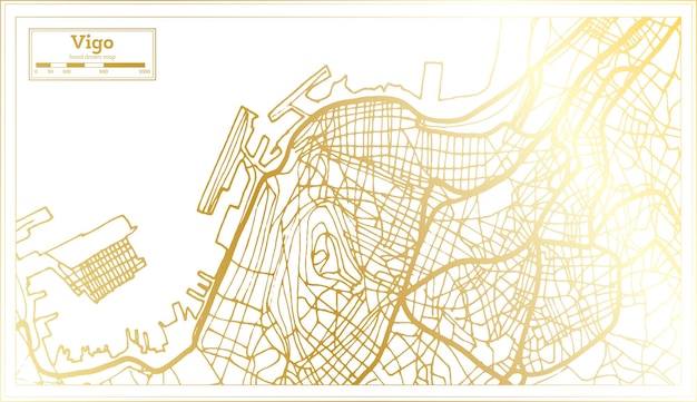 Plan De La Ville De Vigo En Espagne Dans Un Style Rétro En Illustration Vectorielle De Couleur Dorée