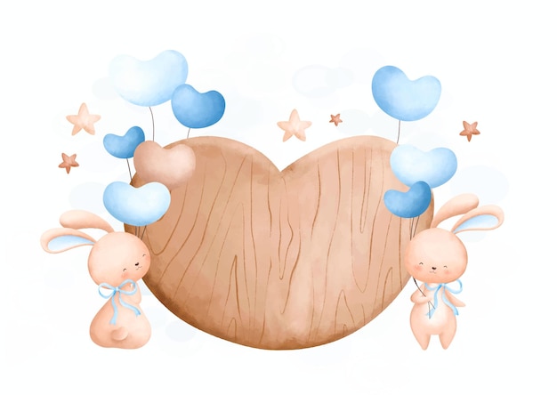 Planche De Bois Illustration Aquarelle Avec Des Lapins Mignons Et Des Ballons