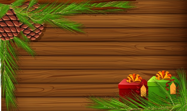 Vecteur planche de bois avec pomme de pin et cadeaux