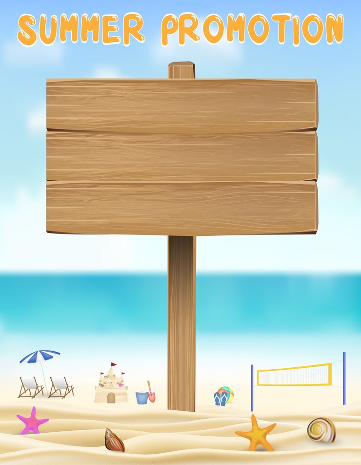 Vecteur planche de bois de promotion de l&#39;été sur la plage de sable de mer
