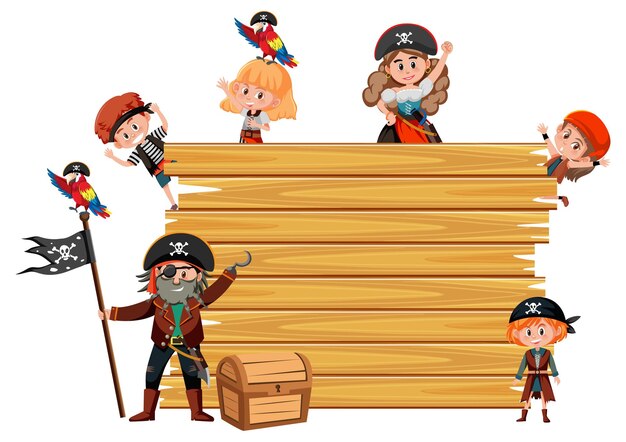 Vecteur planche de bois vide avec de nombreux personnages de dessins animés pour enfants pirates