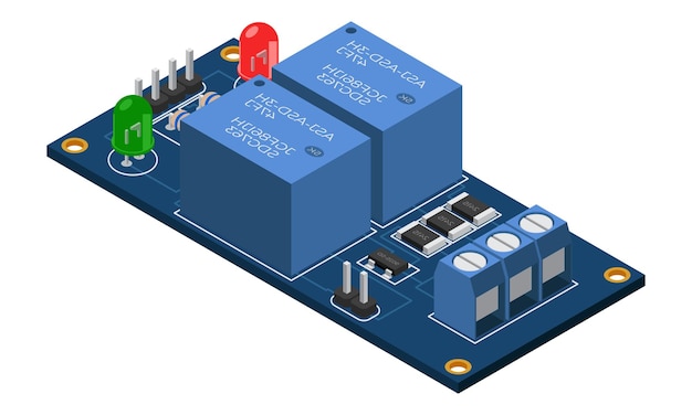Planche électronique isométrique Planche à circuits imprimés isométriques avec composants électroniques Composants électroniques et carte de circuits intégrés