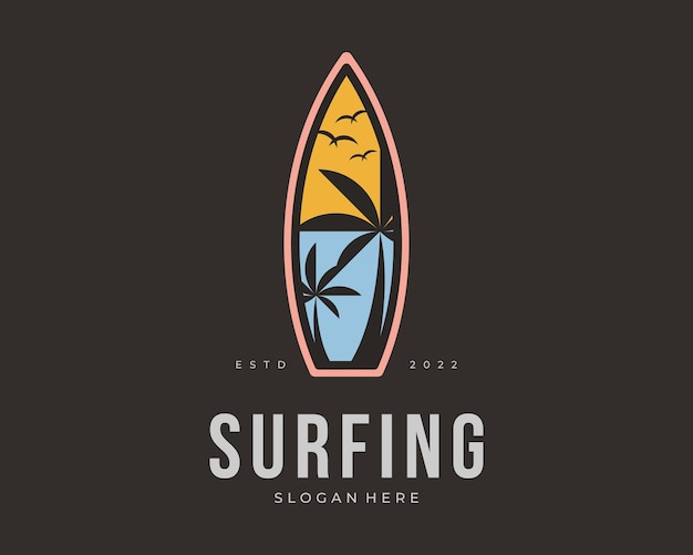 Planche De Surf Surf Surf Plage Mer Vague Sport Vacances Palm Sunset Scenic Retro Vector Logo Design