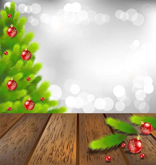 Plancher en bois avec arbre de Noël sur fond de bokeh
