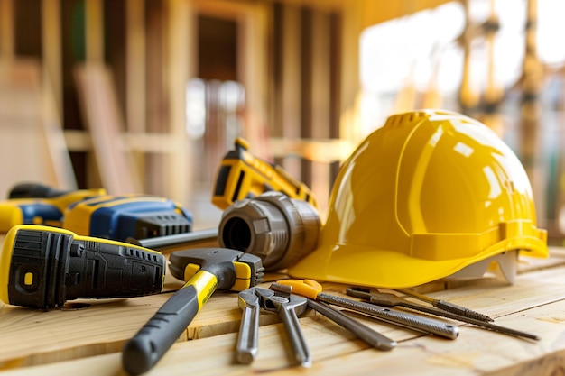 Plancher de bois rouge de construction avec un marteau de peinture à pinceau et un casque jaune à l'arrière-plan ciel d'eau