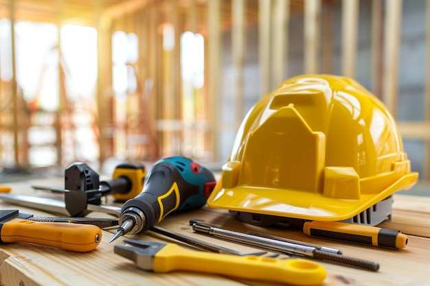 Plancher de bois rouge de construction avec un marteau de peinture à pinceau et un casque jaune à l'arrière-plan ciel d'eau