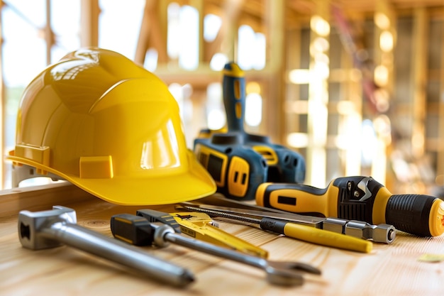 Plancher de bois rouge de construction avec un marteau de peinture à pinceau et un casque jaune à l'arrière-plan ciel d'eau