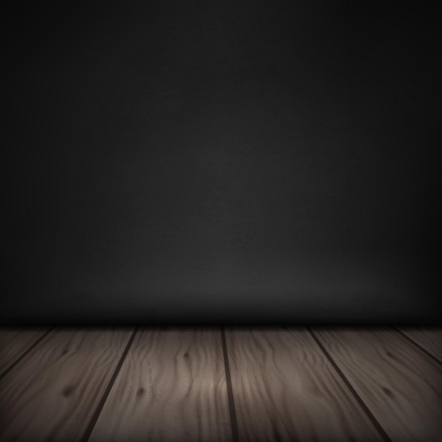 Plancher en bois sombre avec mur noir, fond vectoriel