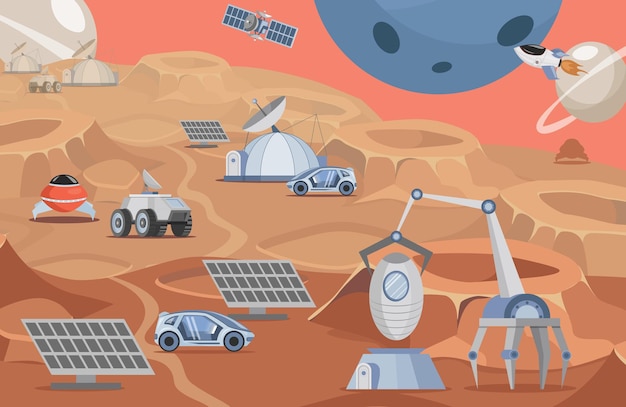 Planète Colonisation Vector Illustration Plate Mars Rovers Panneaux Solaires Fusées