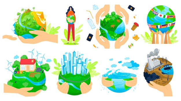 Planète En Mains De Gens Vector Illustration Ensemble. Les Mains Du Bras Humain Tiennent Le Globe Vert, Sauvent L'écologie De La Planète Terre Pour Une Meilleure Qualité