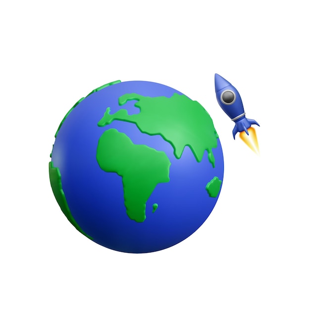 Planète Terre 3d Réaliste Avec Fusée Volante Sur Fond Blanc Illustration Vectorielle