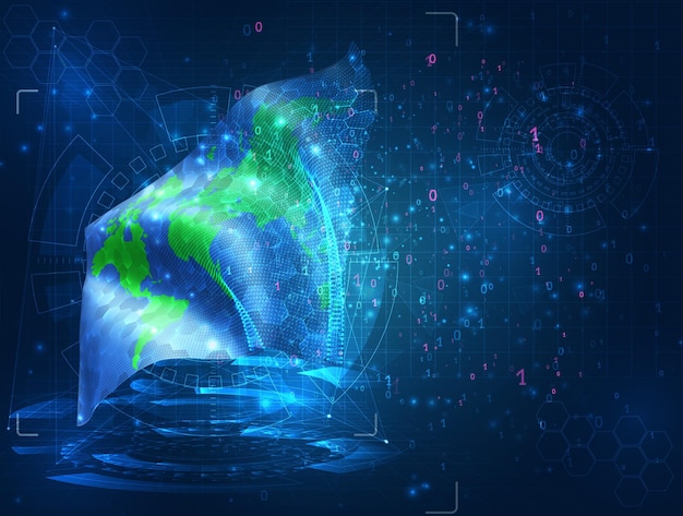 Planète Terre vector drapeau 3d sur fond bleu avec interfaces hud