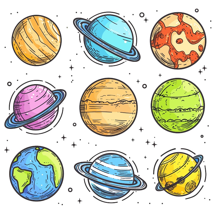 Vecteur des planètes colorées dessinées à la main, des étoiles, de l'espace, des corps célestes, des planètes de dessin animé, des illustrations cosmiques.