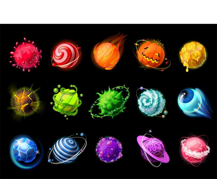 Planètes de dessin animé. Astéroïdes de couleur fantaisie spatiale, météores, comètes de glace, planètes de lave et de gaz. Vector set illustration d'objets d'astronomie détaillés imaginaires isolés sur fond sombre