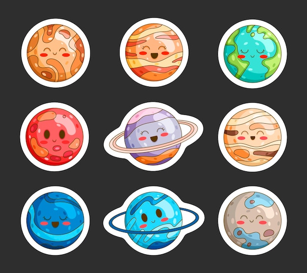 Vecteur des planètes souriantes de dessins animés sticker bookmark système solaire kawaii personnages astronomiques