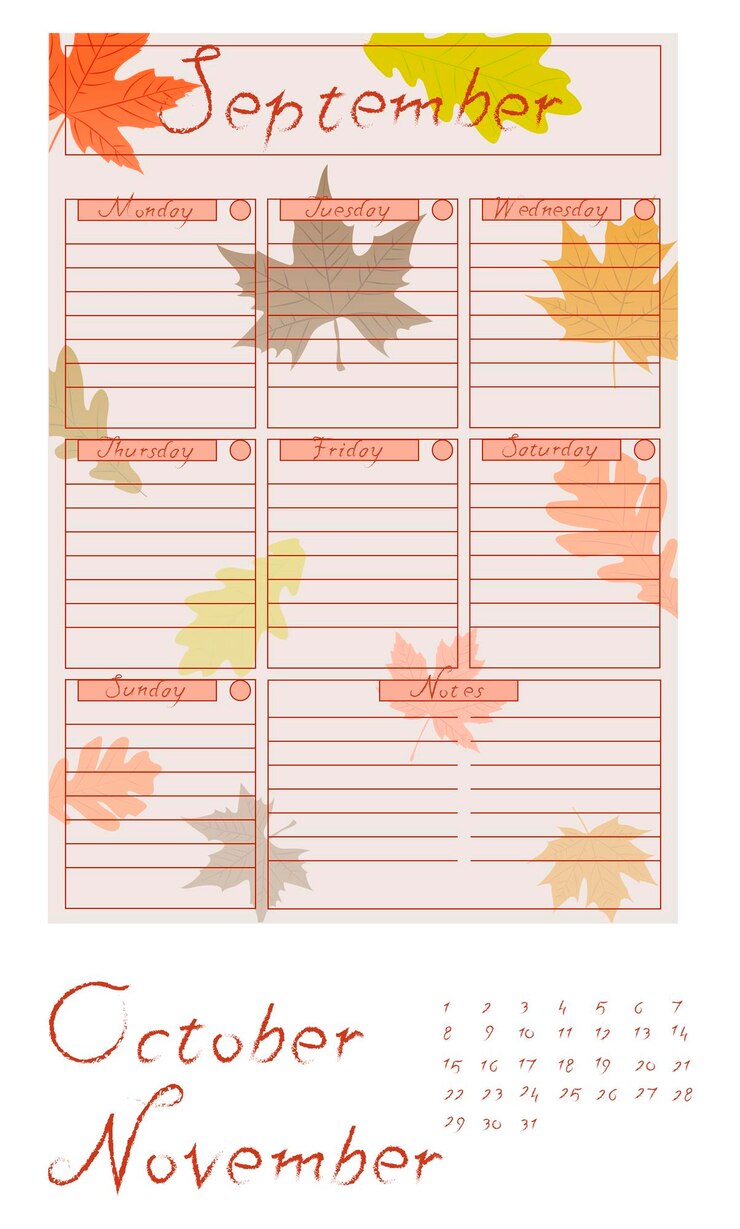 Vecteur le planificateur d'automne la page est divisée en jours de la semaine