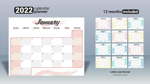 planificateur de calendrier mensuel brosse élégante 2022 imprimable