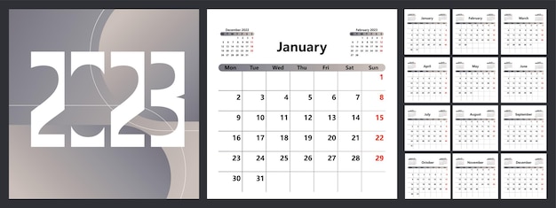 Planificateur de calendrier pour 2023 La semaine commence le lundi Illustration vectorielle