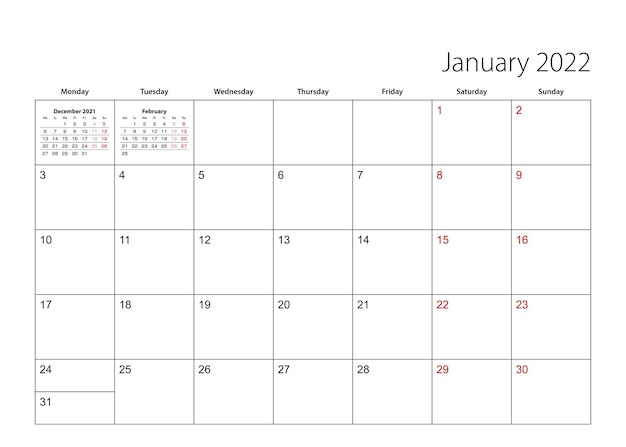 Planificateur de calendrier simple de janvier 2022, la semaine commence à partir de lundi. Planificateur de calendrier vectoriel.