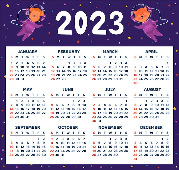 Vecteur planificateur de calendrier spatial 2023 programmation hebdomadaire planètes objets spatiaux astronautes drôles la semaine commence le dimanche