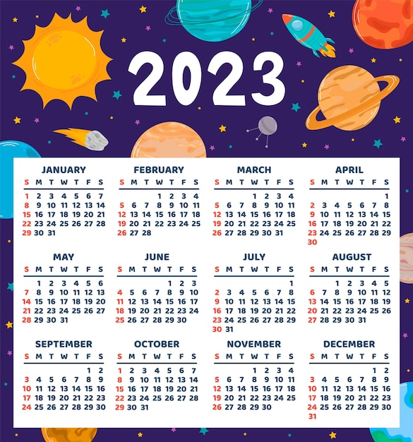 Planificateur De Calendrier Spatial 2023 Programmation Hebdomadaire Planètes Objets Spatiaux La Semaine Commence Le Dimanche Design Plat