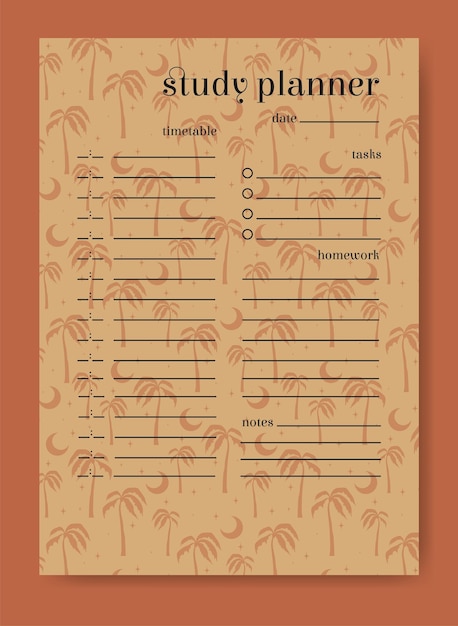 Planificateur d'étude conception de page de palmiers d'été minimaliste