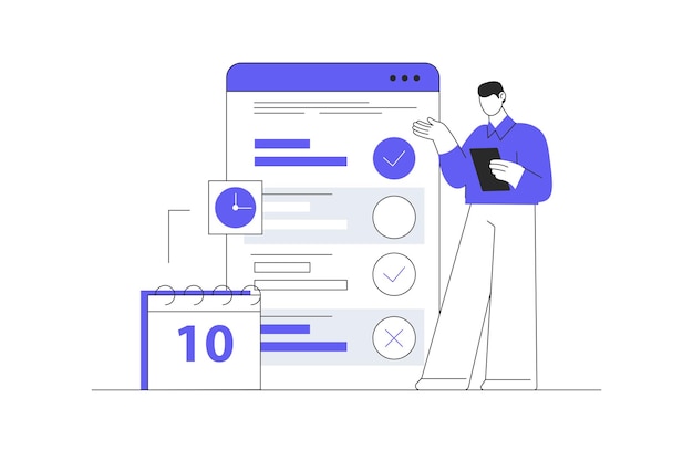 Planificateur d'événements vérifiant la liste de contrôle des affaires avec calendrier et calendrier de notes gestion du plan de temps