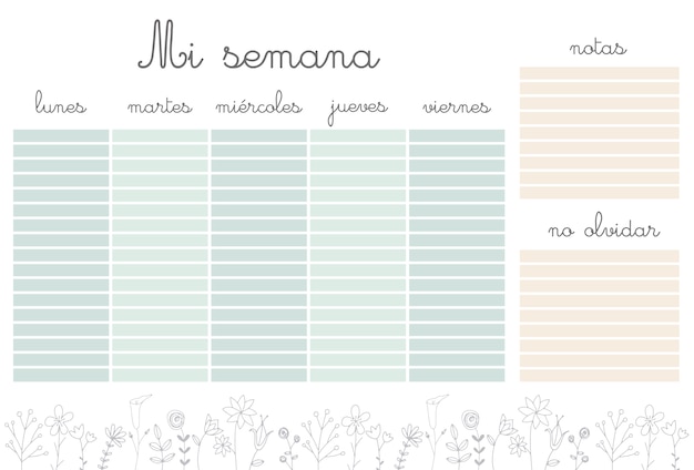 Vecteur planificateur hebdomadaire avec des fleurs, organisateur de papeterie pour les plans quotidiens, modèle de planificateur hebdomadaire de vecteur floral, les horaires