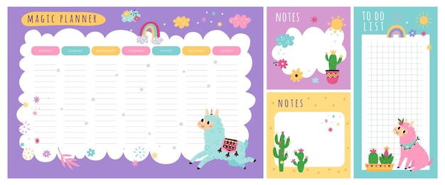 Planificateur Hebdomadaire De Lamas Mignons Calendrier Des Cours Pour Enfants Notes Et Liste De Tâches Pages De Mémo Avec Des Cactus Licorne D'alpaga Conception D'horaires Avec Des Animaux Feuilles D'organisateur Ensemble De Rappels Vectoriels