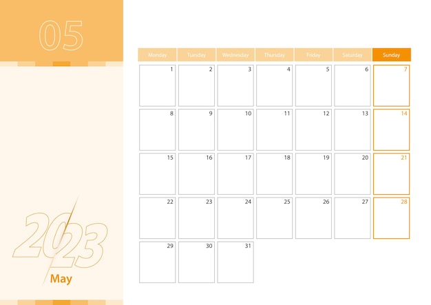 Planificateur horizontal pour mai 2023 dans la palette de couleurs orange La semaine commence le lundi Un calendrier mural dans un style minimaliste